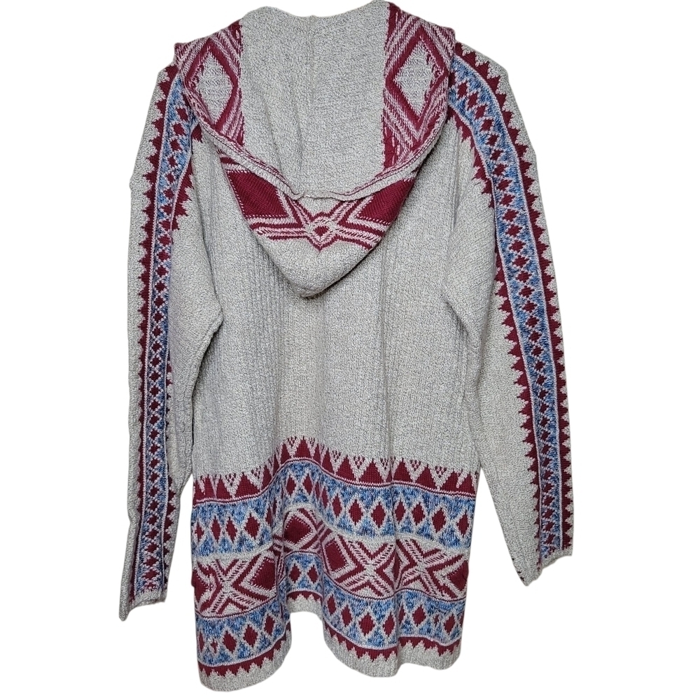 Lucky Brand Cream Red Southwestern Print Open Front Hooded Cardigan - Picture 4 of 8